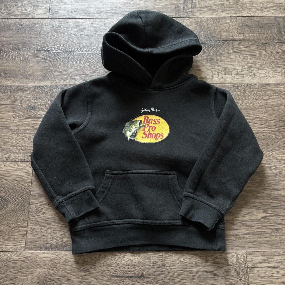 Bass Pro Shops Hoodie Unisex Kids 4 Black Fleece Pullover‎ Logo Graphic Fishing